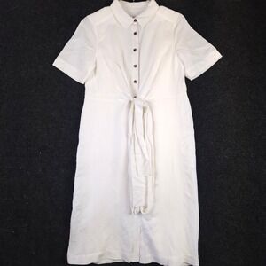 ANN TAYLOR White Linen Blend Midi Shirt Dress Womens Medium 10P Tie Waist Button
